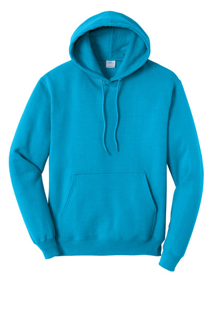 Front View of Neon Blue Port & Co Core Fleece Pullover Hooded Sweatshirt. PC78H