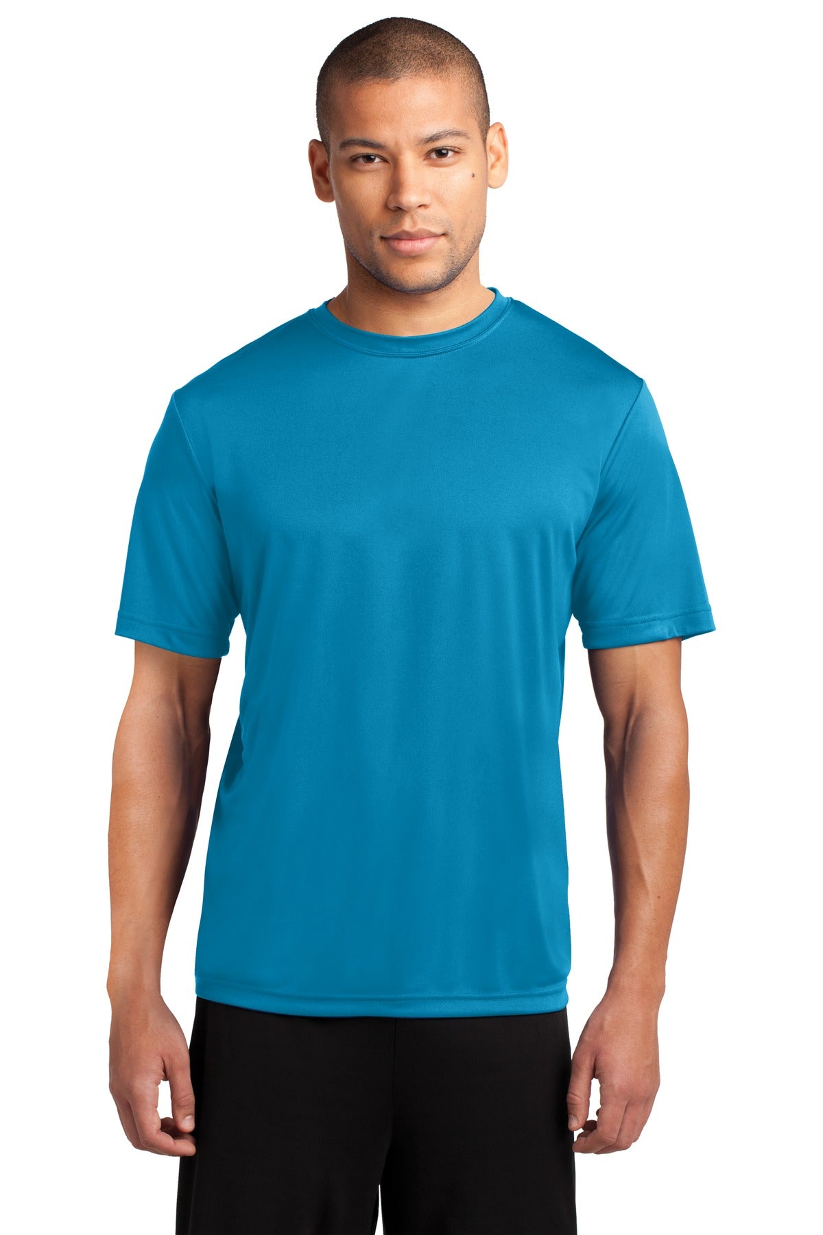 Front View of Neon Blue Port & Co Performance Tee. PC380 plain