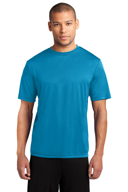 Front View of Neon Blue Port & Co Performance Tee. PC380 plain