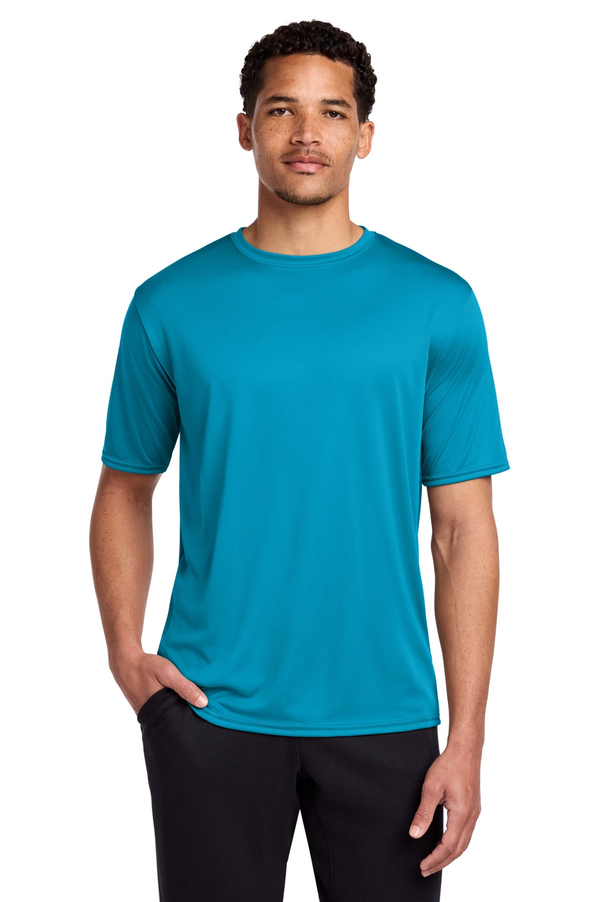 Front View of Neon Blue Port & Co Performance Tee. PC380 plain