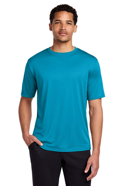 Front View of Neon Blue Port & Co Performance Tee. PC380 plain