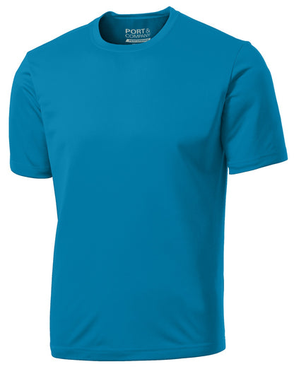 Front View of Neon Blue Port & Co Performance Tee. PC380 plain