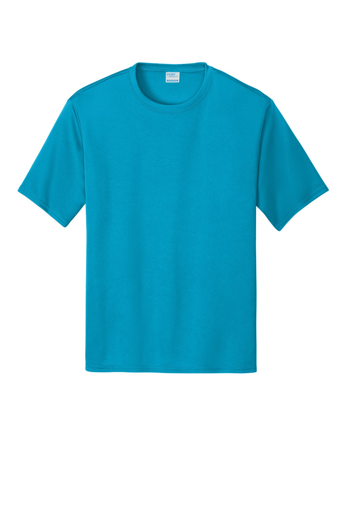 Front View of Neon Blue Port & Co Performance Tee. PC380 plain