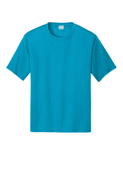 Front View of Neon Blue Port & Co Performance Tee. PC380 plain