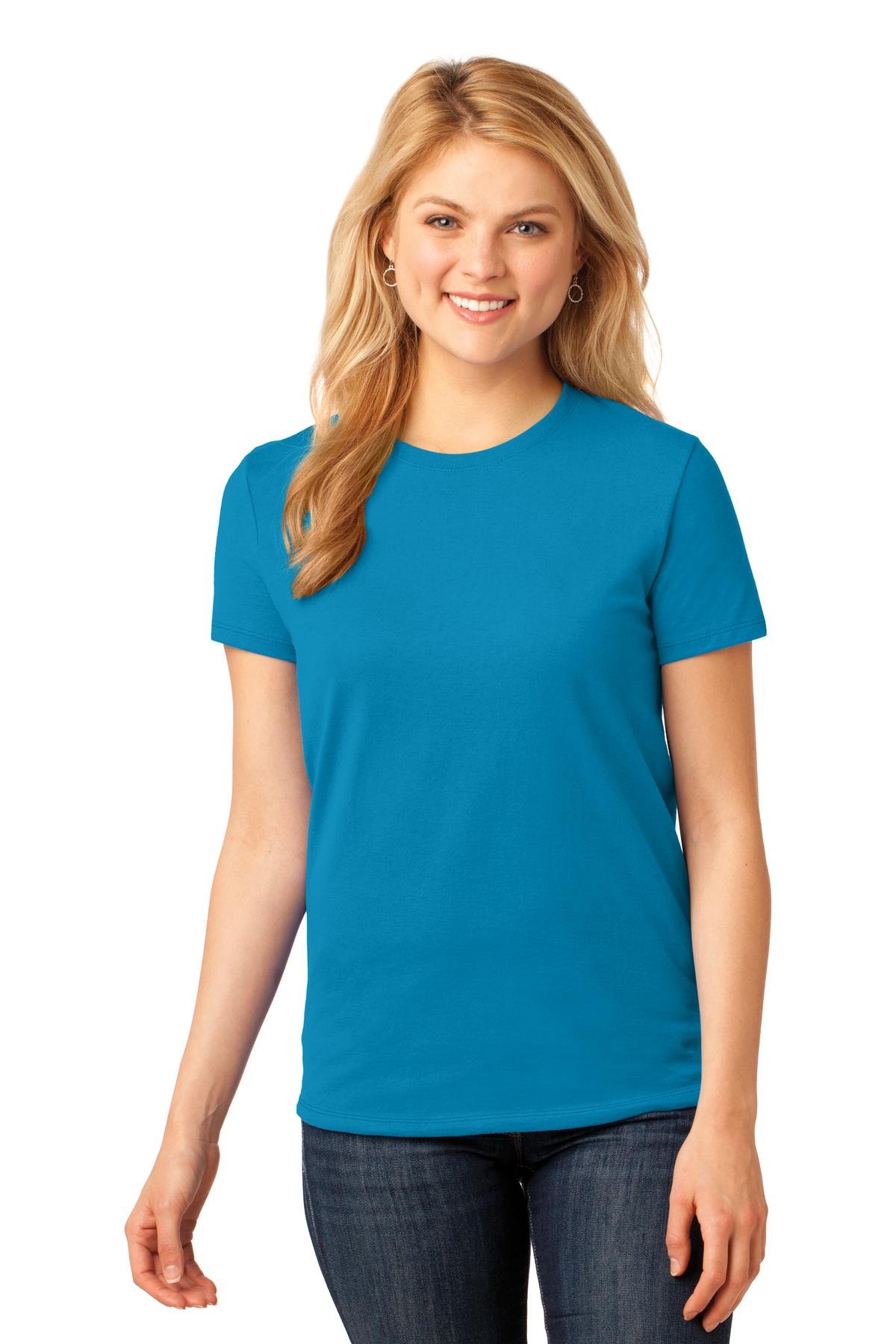 Front View of Neon Blue Port & Co Women's Core Cotton Tee. LPC54 plain