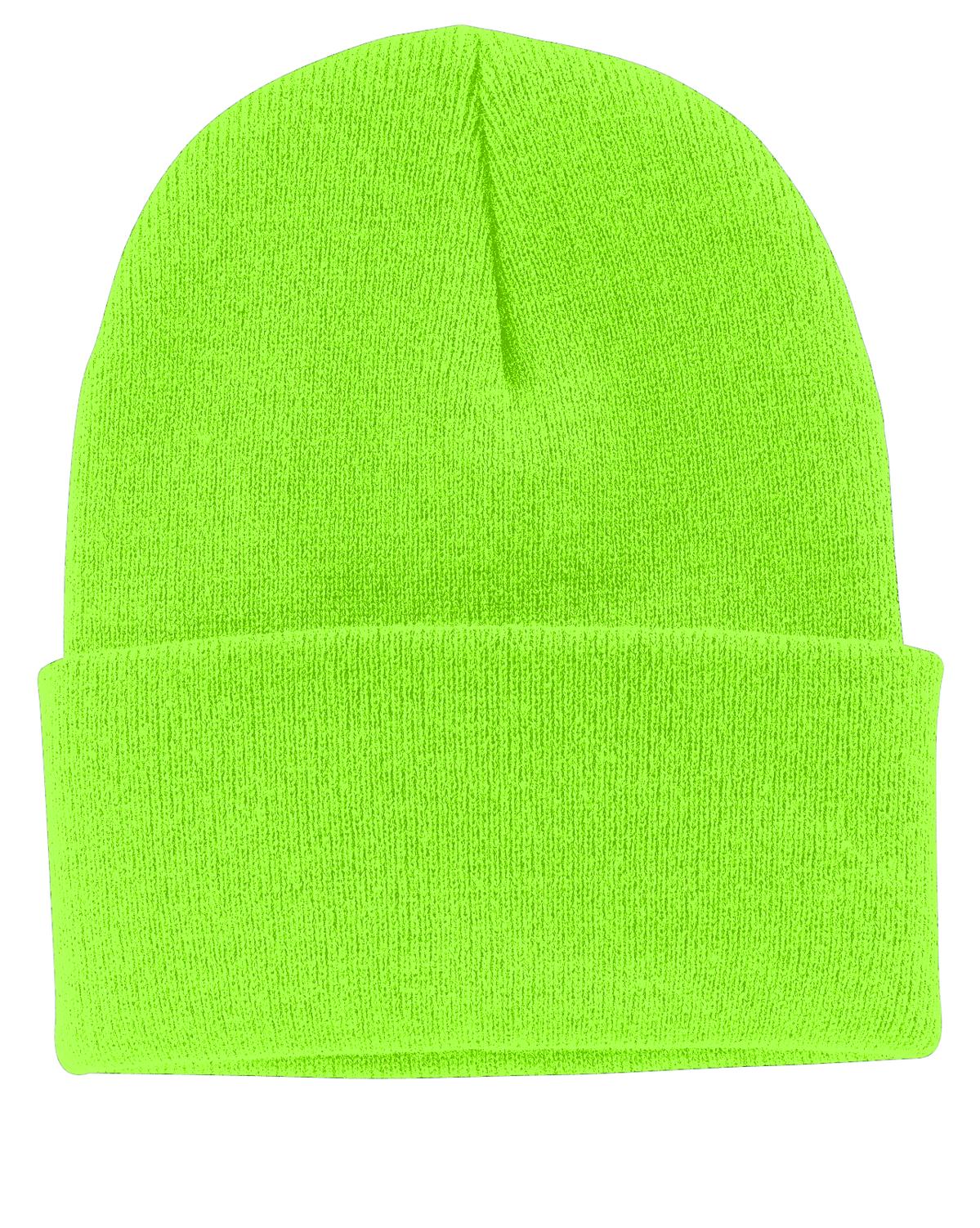 Front View of Neon Green Port Authority Knit Cap. CP90 plain