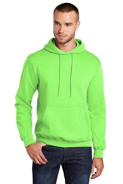 Front View of Neon Green Port & Co Core Fleece Pullover Hooded Sweatshirt. PC78H plain