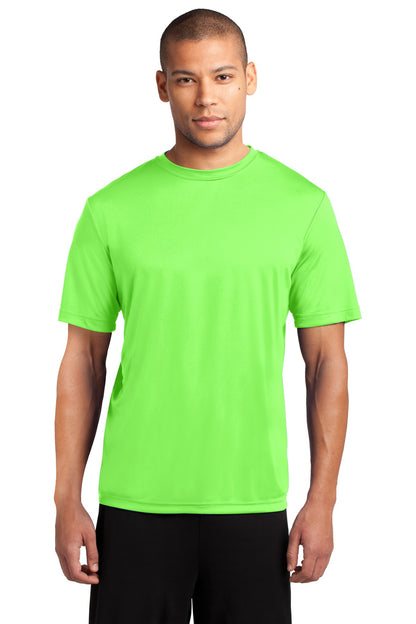 Front View of Neon Green Port & Co Performance Tee. PC380 plain