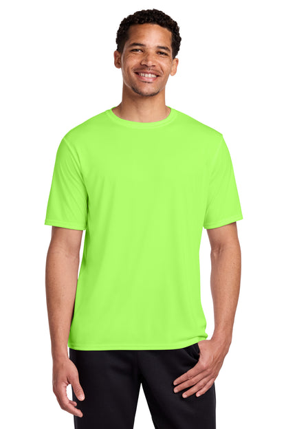 Front View of Neon Green Port & Co Performance Tee. PC380 plain