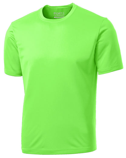 Front View of Neon Green Port & Co Performance Tee. PC380 plain