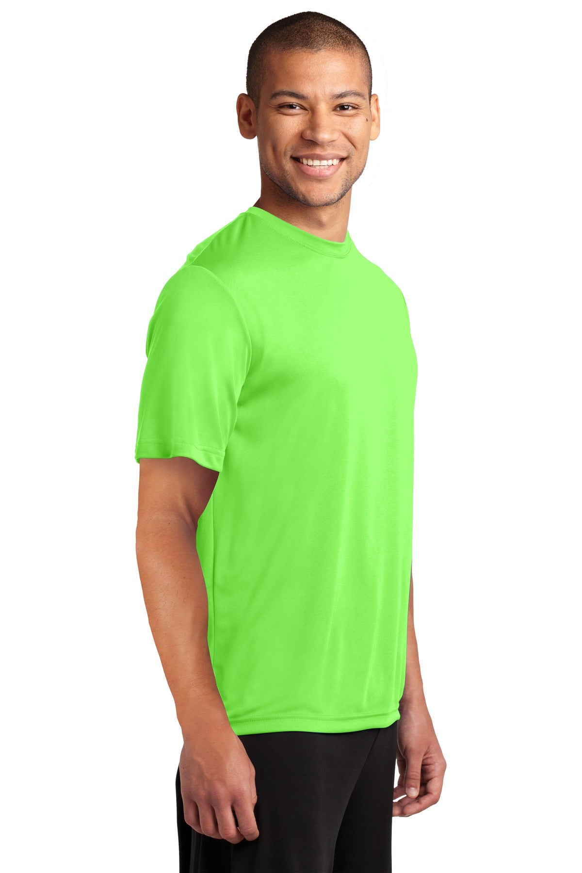 Front View of Neon Green Port & Co Performance Tee. PC380 plain