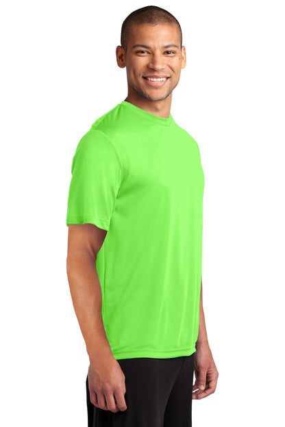 Front View of Neon Green Port & Co Performance Tee. PC380 plain