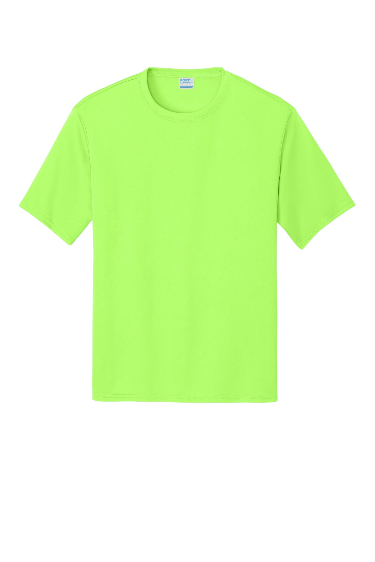 Front View of Neon Green Port & Co Performance Tee. PC380 plain