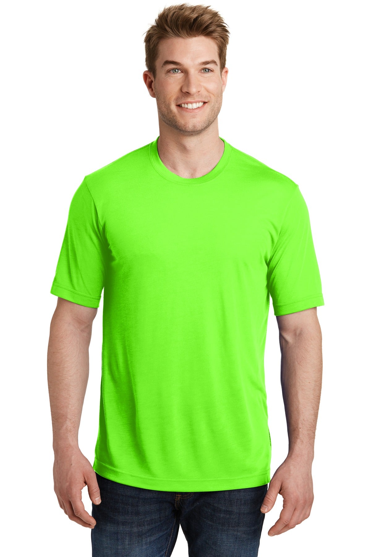 Front View of Neon Green Sport-Tek PosiCharge Competitor Cotton Touch Tee. ST450 plain