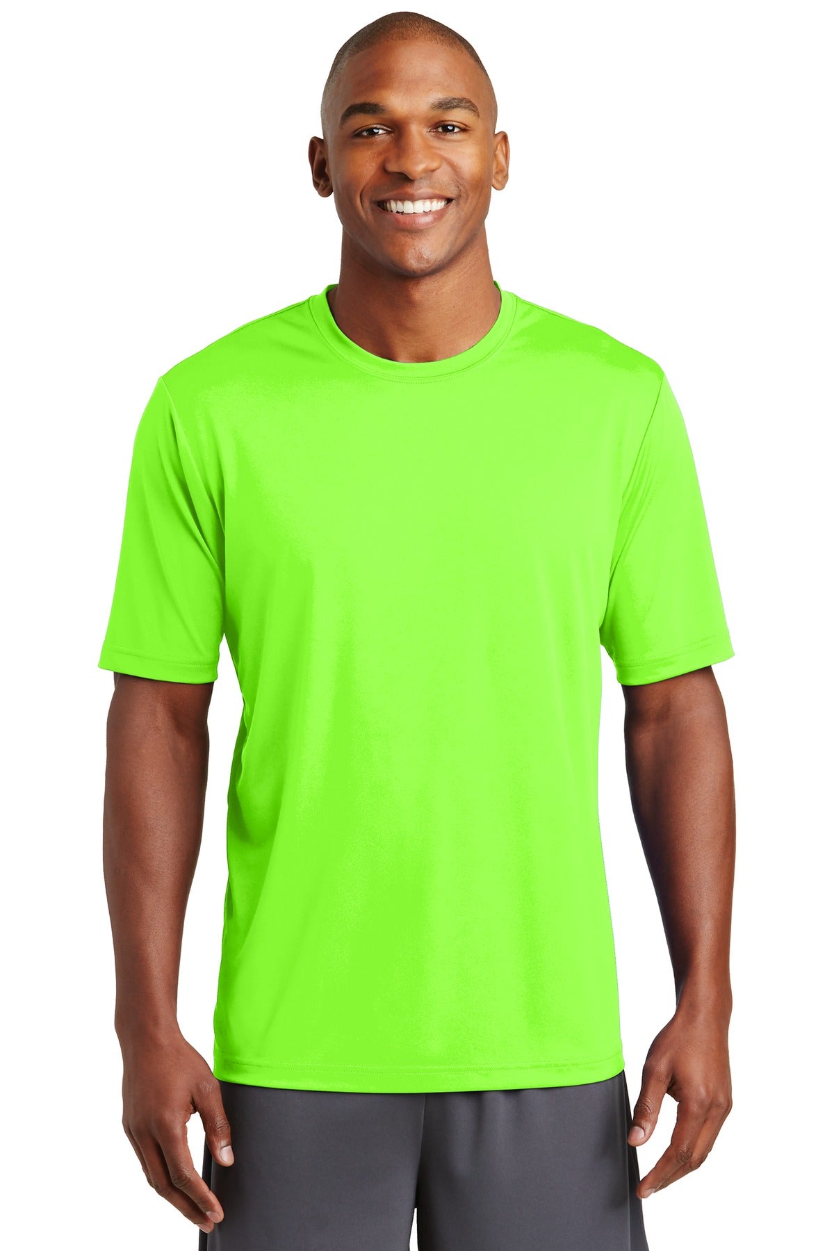 Front View of Neon Green Sport-Tek PosiCharge Tough Tee . ST320 plain