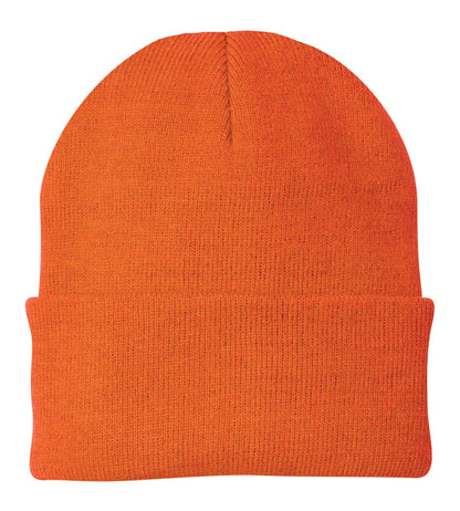 Front View of Neon Orange Port Authority Knit Cap. CP90 plain