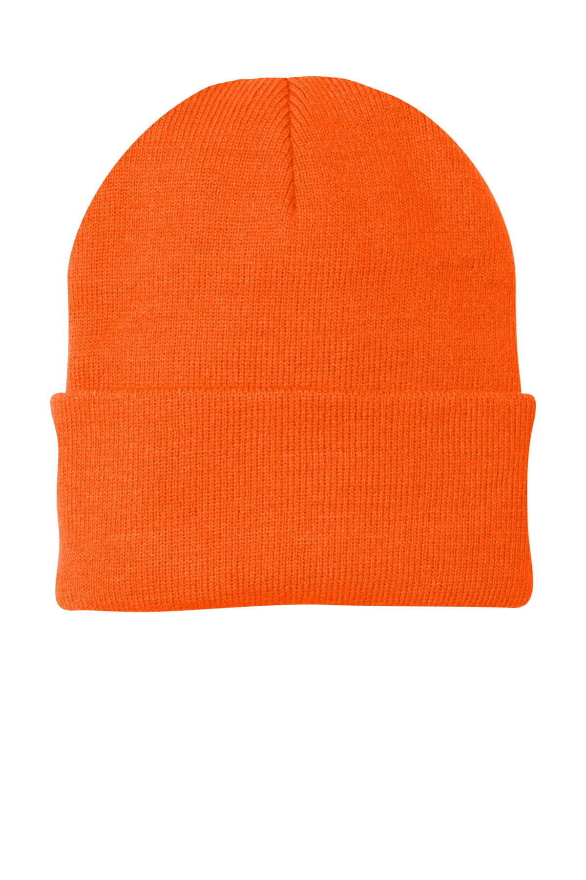 Front View of Neon Orange Port Authority Knit Cap. CP90 plain
