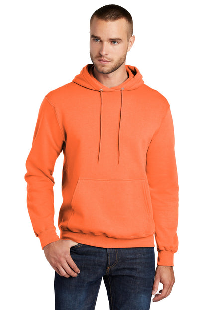 Front View of Neon Orange Port & Co Core Fleece Pullover Hooded Sweatshirt. PC78H plain