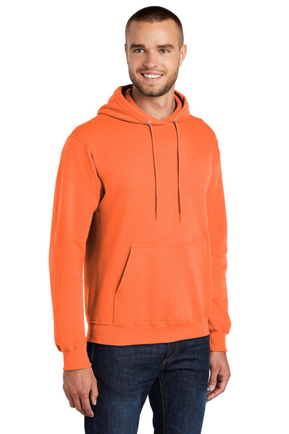 Front View of Neon Orange Port & Co Core Fleece Pullover Hooded Sweatshirt. PC78H plain