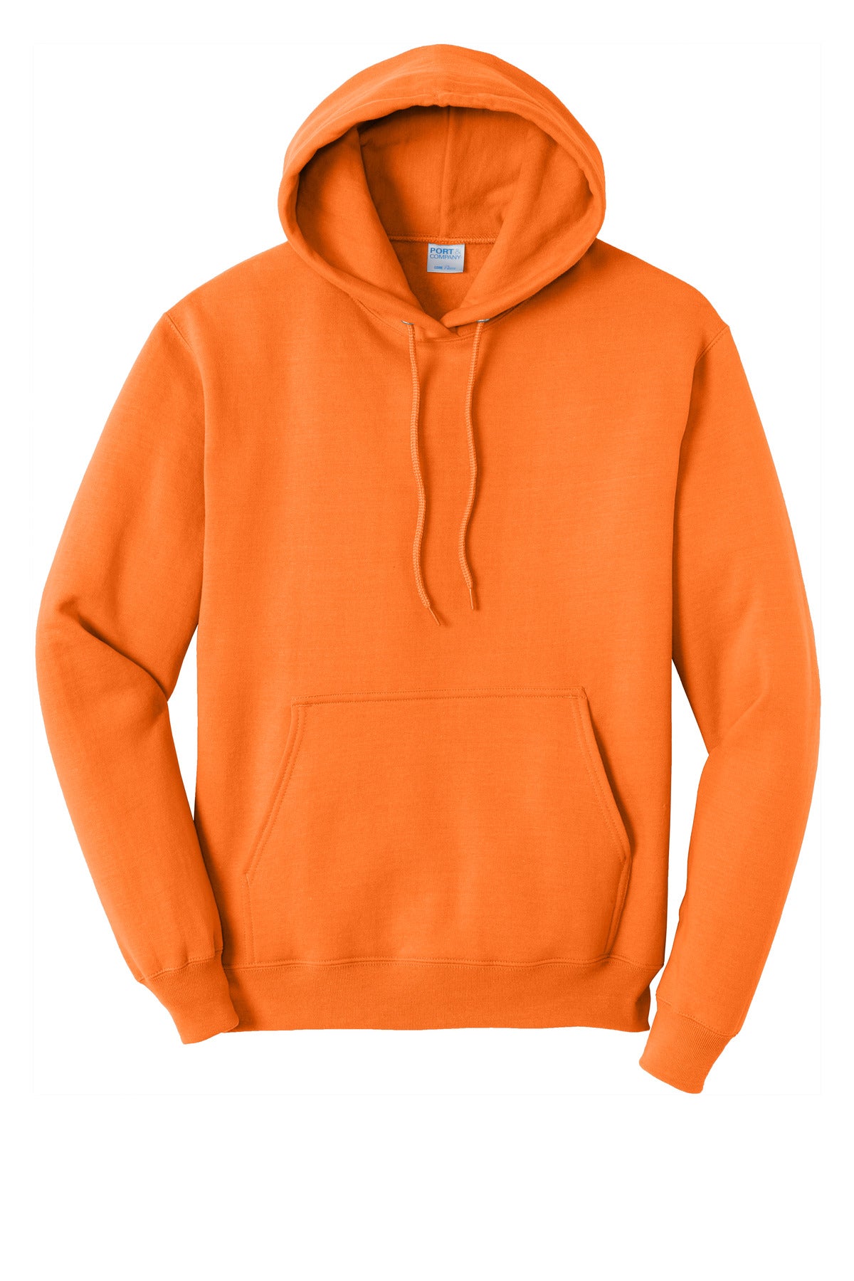 Front View of Neon Orange Port & Co Core Fleece Pullover Hooded Sweatshirt. PC78H
