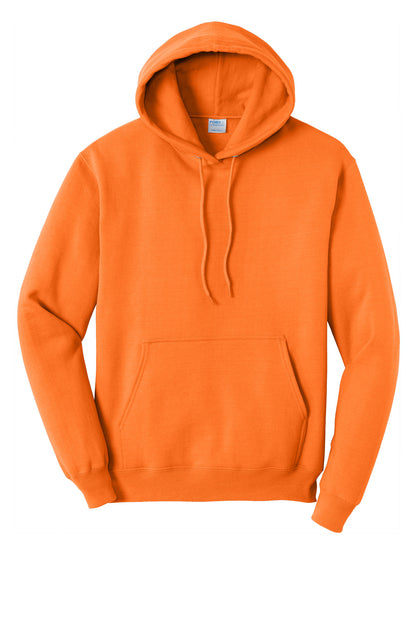 Front View of Neon Orange Port & Co Core Fleece Pullover Hooded Sweatshirt. PC78H