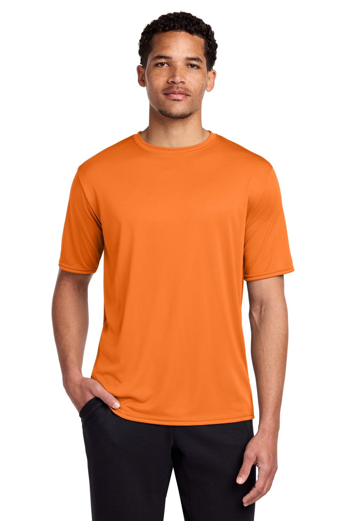 Front View of Neon Orange Port & Co Performance Tee. PC380 plain