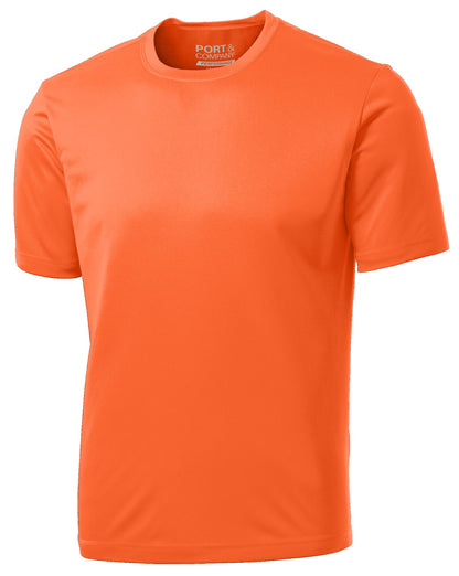 Front View of Neon Orange Port & Co Performance Tee. PC380 plain