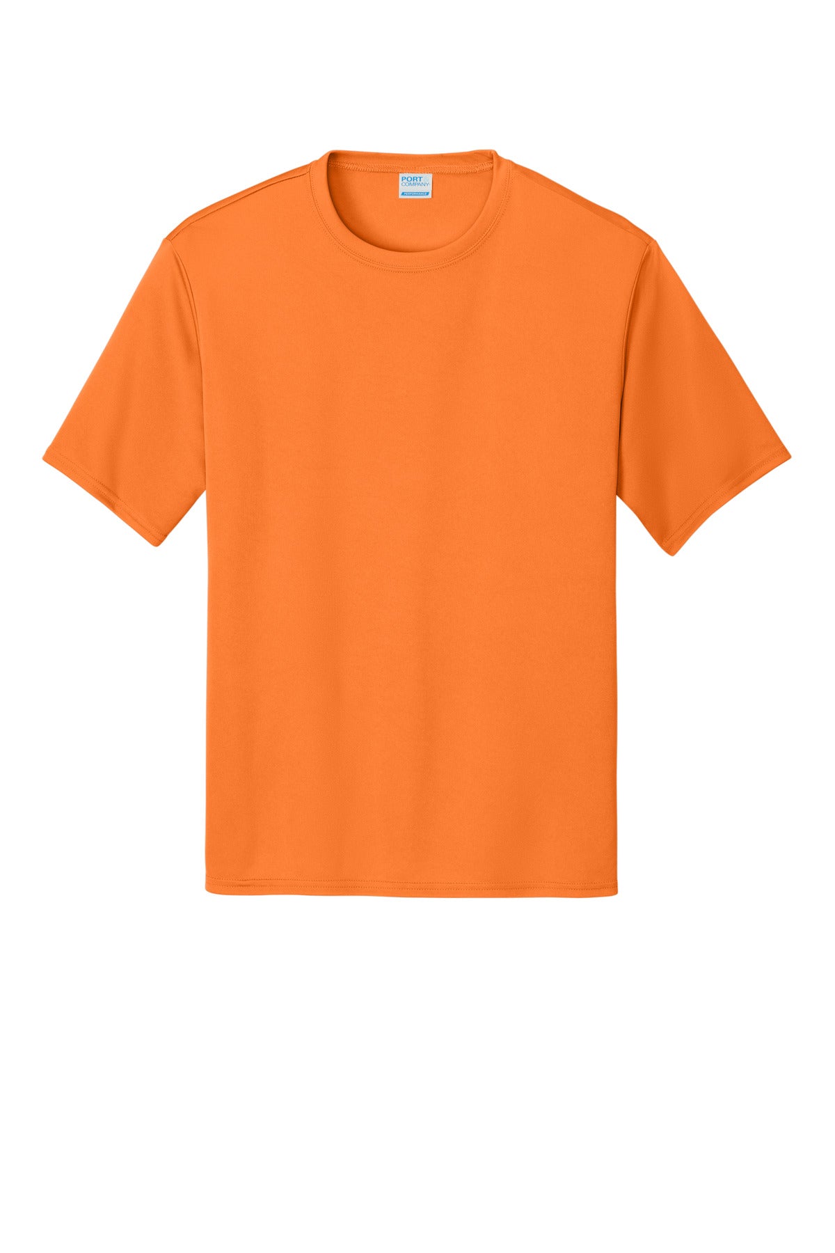 Front View of Neon Orange Port & Co Performance Tee. PC380 plain