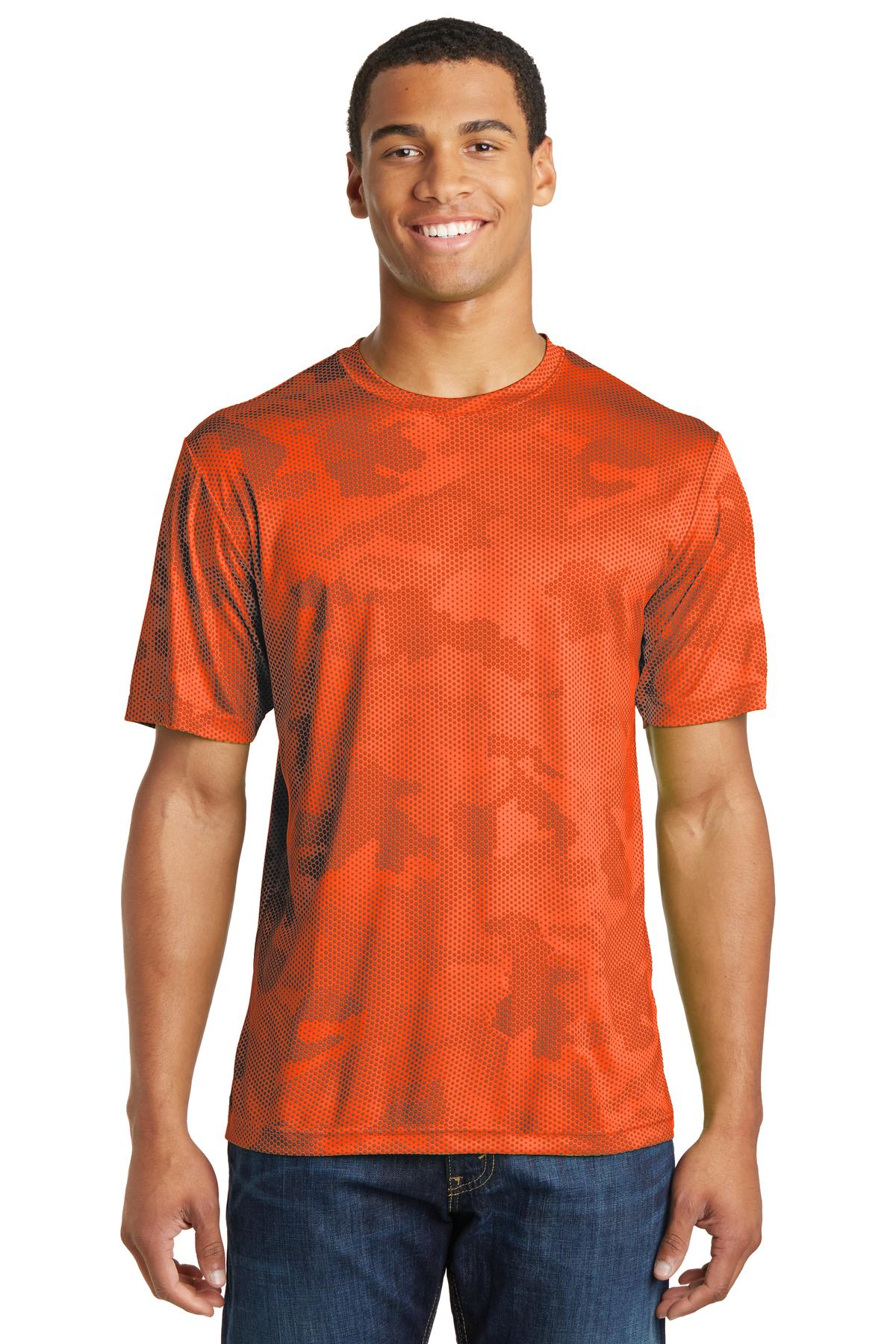 Front View of Neon Orange Sport-Tek CamoHex Tee. ST370 plain