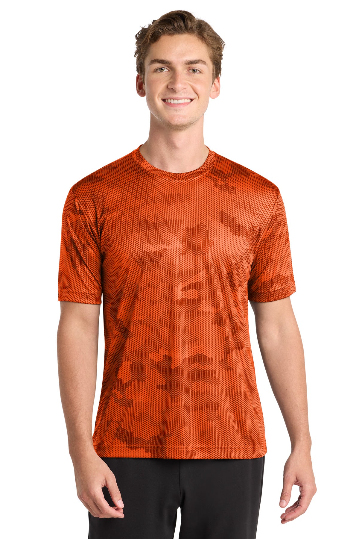 Front View of Neon Orange Sport-Tek CamoHex Tee. ST370 plain