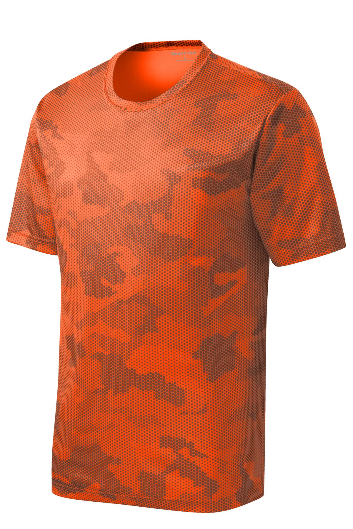 Front View of Neon Orange Sport-Tek CamoHex Tee. ST370 plain