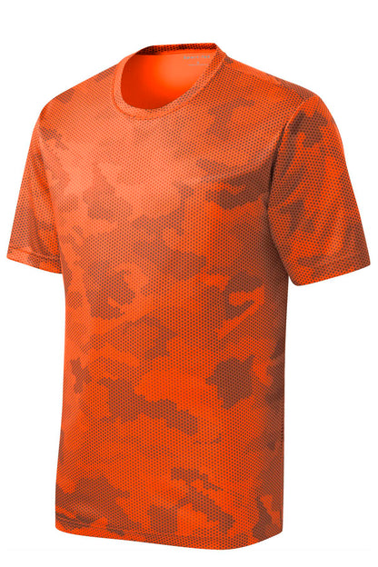 Front View of Neon Orange Sport-Tek CamoHex Tee. ST370 plain
