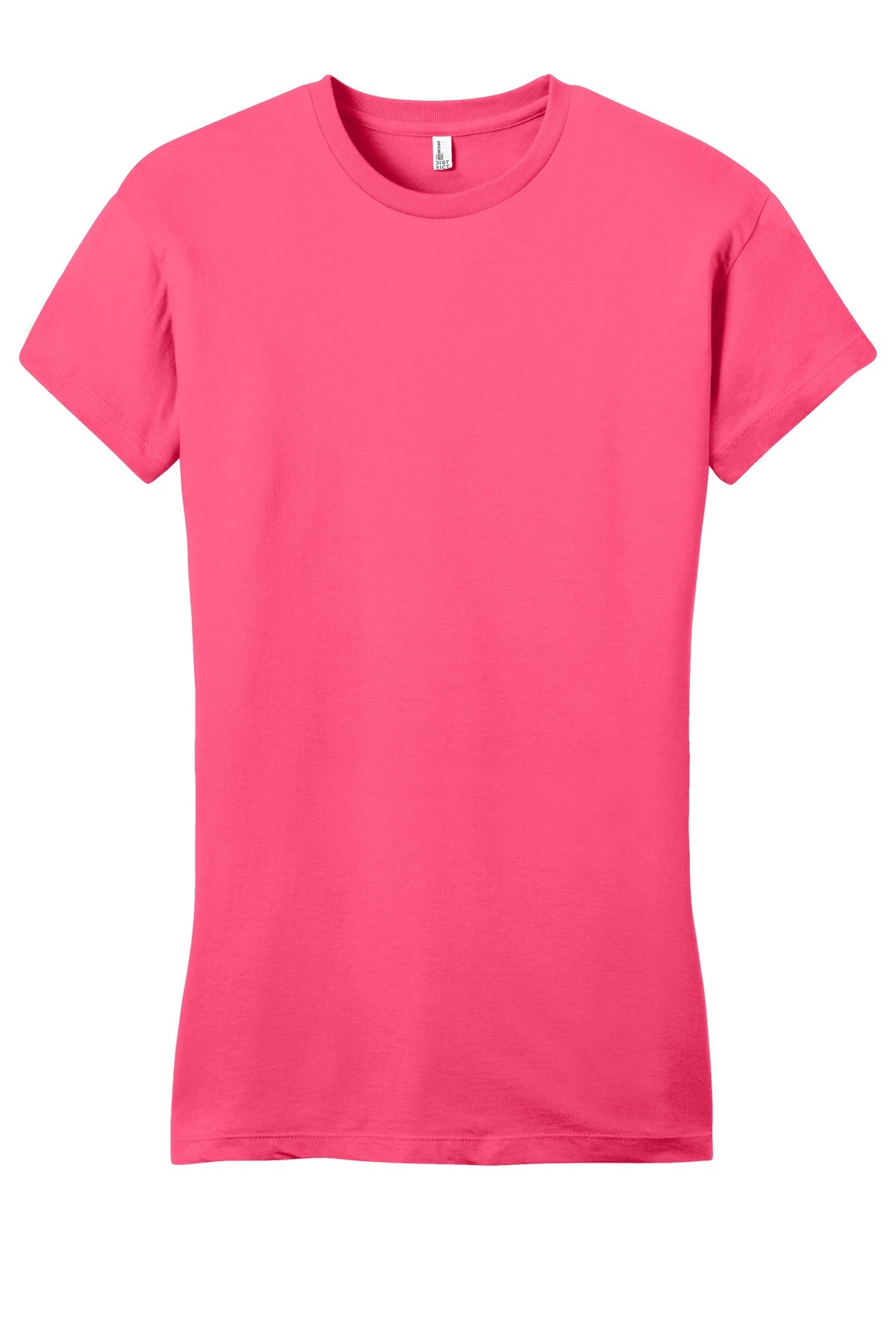 Front View of Neon Pink District Women's Fitted Very Important Tee . DT6001 plain