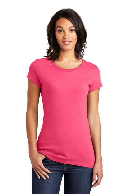 Front View of Neon Pink District Women's Fitted Very Important Tee . DT6001 plain