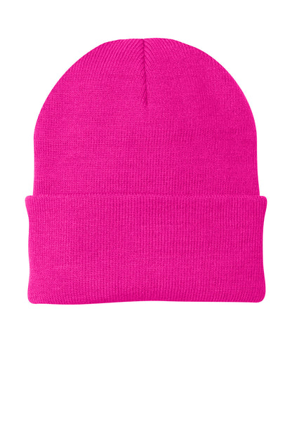 Front View of Neon Pink Glo Port Authority Knit Cap. CP90 plain