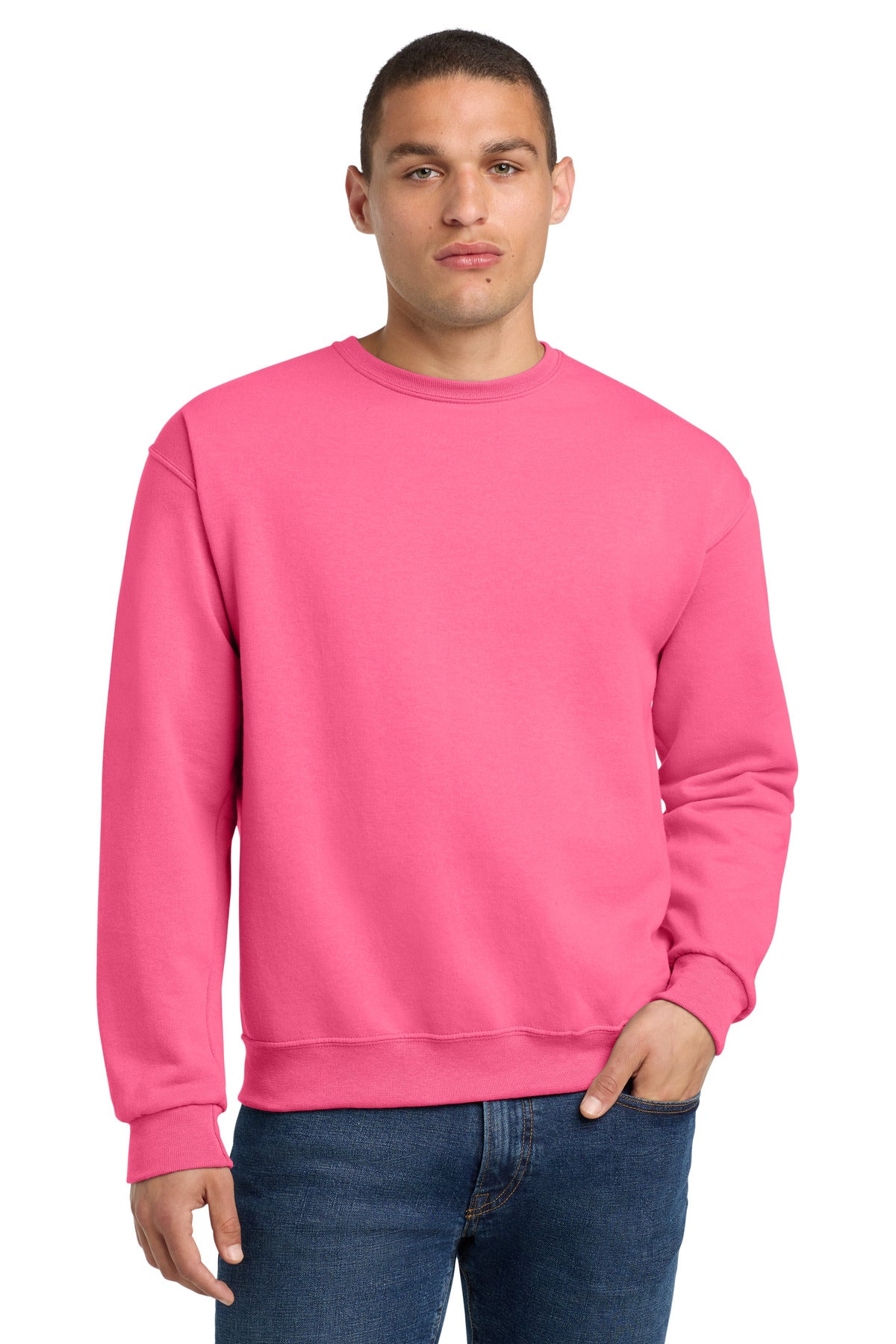 Front View of Neon Pink Jerzees - NuBlend Crewneck Sweatshirt. 562M plain