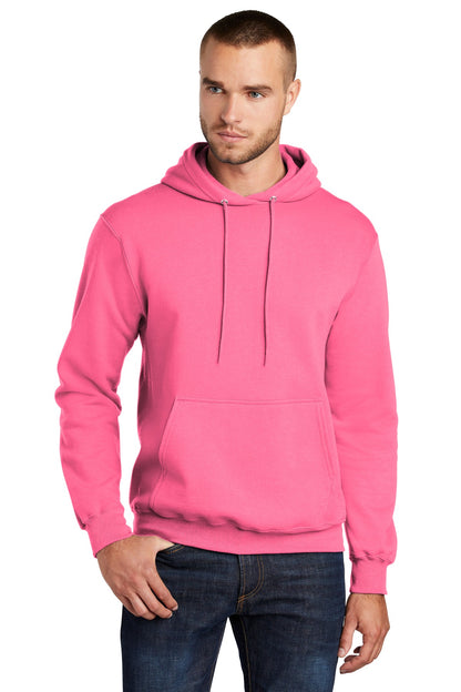 Front View of Neon Pink Port & Co Core Fleece Pullover Hooded Sweatshirt. PC78H plain