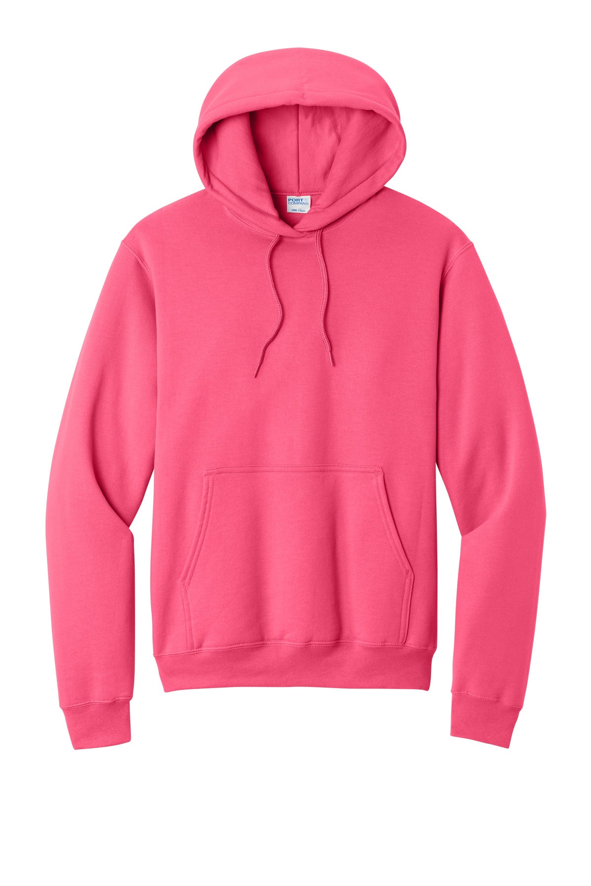 Front View of Neon Pink Port & Co Core Fleece Pullover Hooded Sweatshirt. PC78H plain