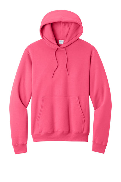 Front View of Neon Pink Port & Co Core Fleece Pullover Hooded Sweatshirt. PC78H plain