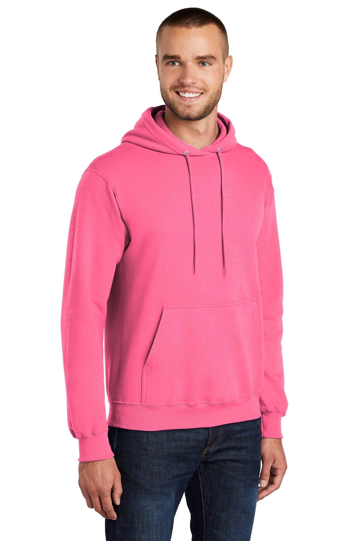 Front View of Neon Pink Port & Co Core Fleece Pullover Hooded Sweatshirt. PC78H plain