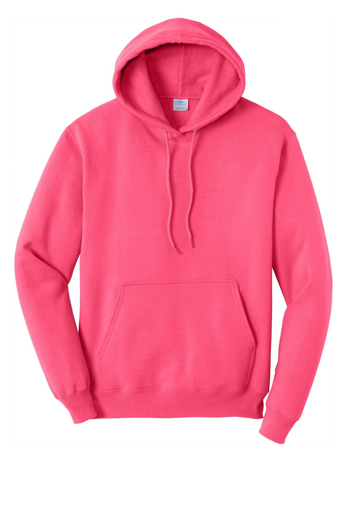 Front View of Neon Pink Port & Co Core Fleece Pullover Hooded Sweatshirt. PC78H