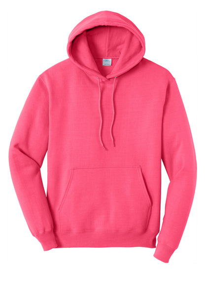 Front View of Neon Pink Port & Co Core Fleece Pullover Hooded Sweatshirt. PC78H
