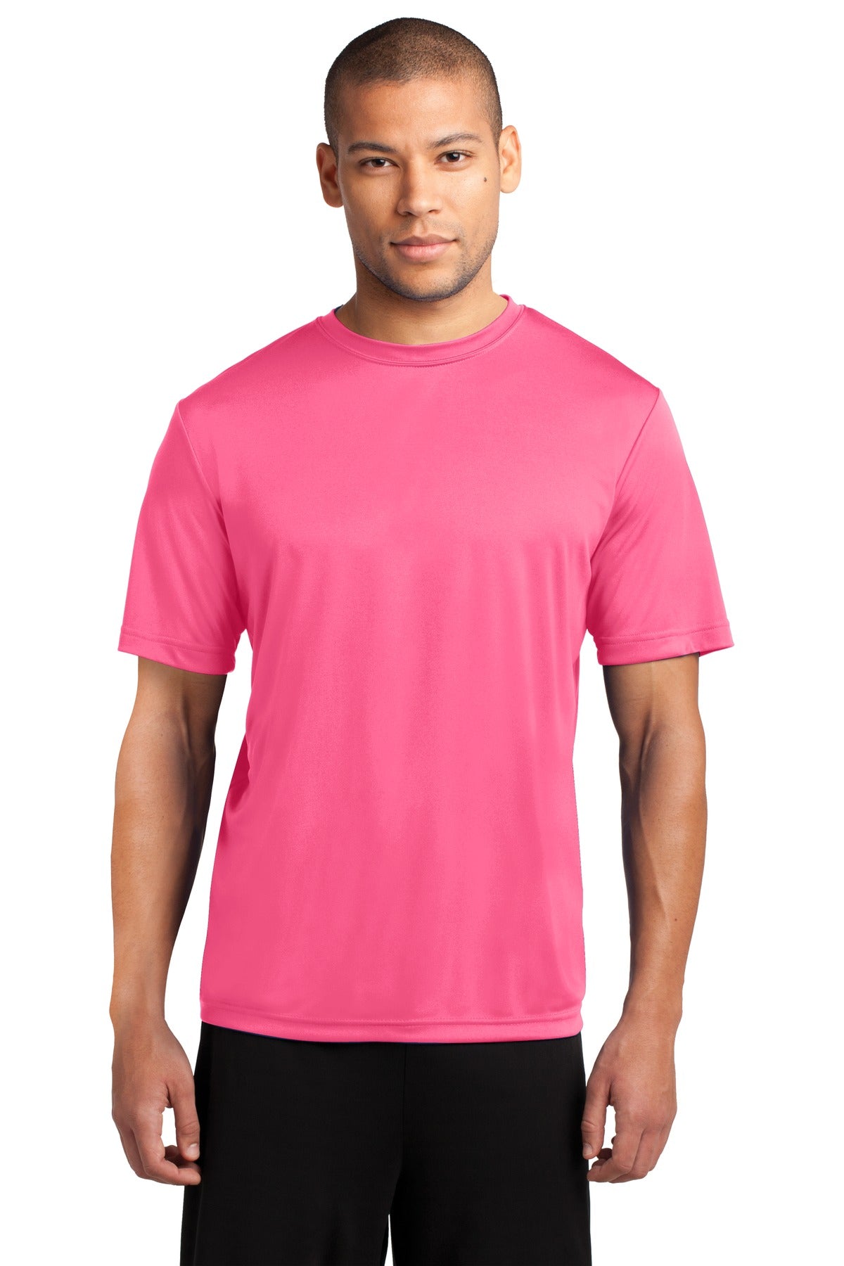 Front View of Neon Pink Port & Co Performance Tee. PC380 plain