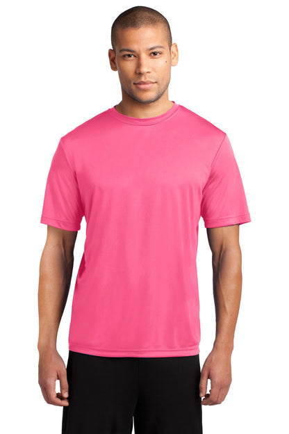 Front View of Neon Pink Port & Co Performance Tee. PC380 plain