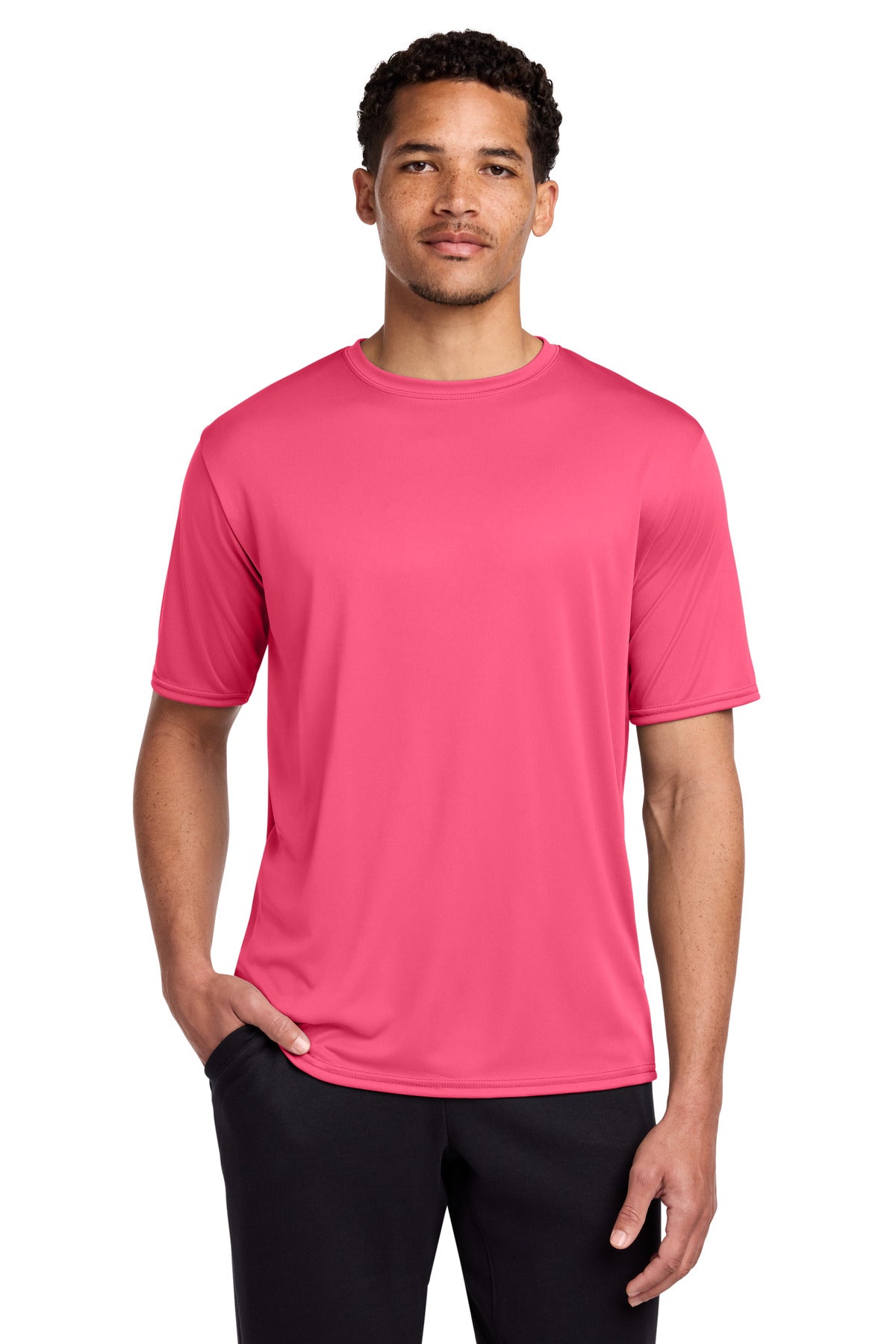 Front View of Neon Pink Port & Co Performance Tee. PC380 plain