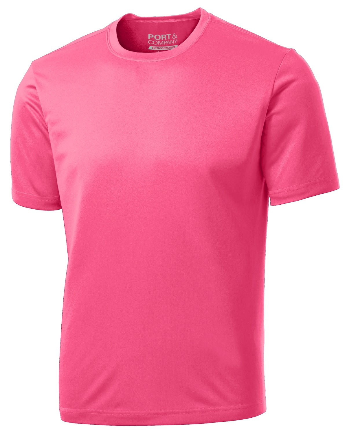 Front View of Neon Pink Port & Co Performance Tee. PC380 plain
