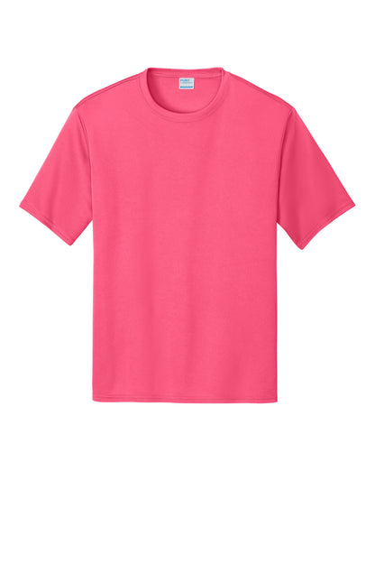 Front View of Neon Pink Port & Co Performance Tee. PC380 plain