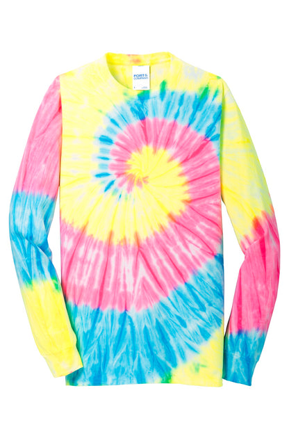 Front View of Neon Rainbow Port & Co Tie-Dye Long Sleeve Tee. PC147LS plain