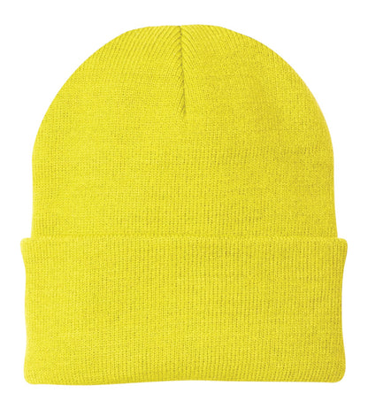 Front View of Neon Yellow Port Authority Knit Cap. CP90 plain