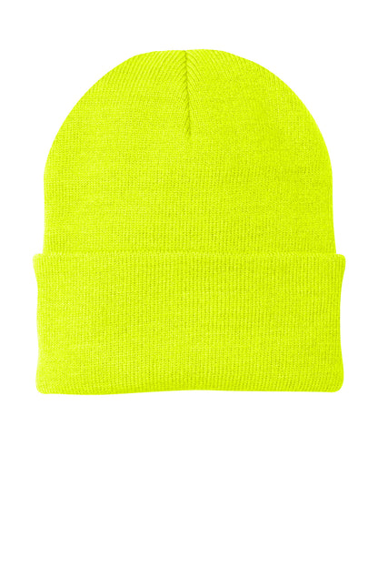 Front View of Neon Yellow Port Authority Knit Cap. CP90 plain